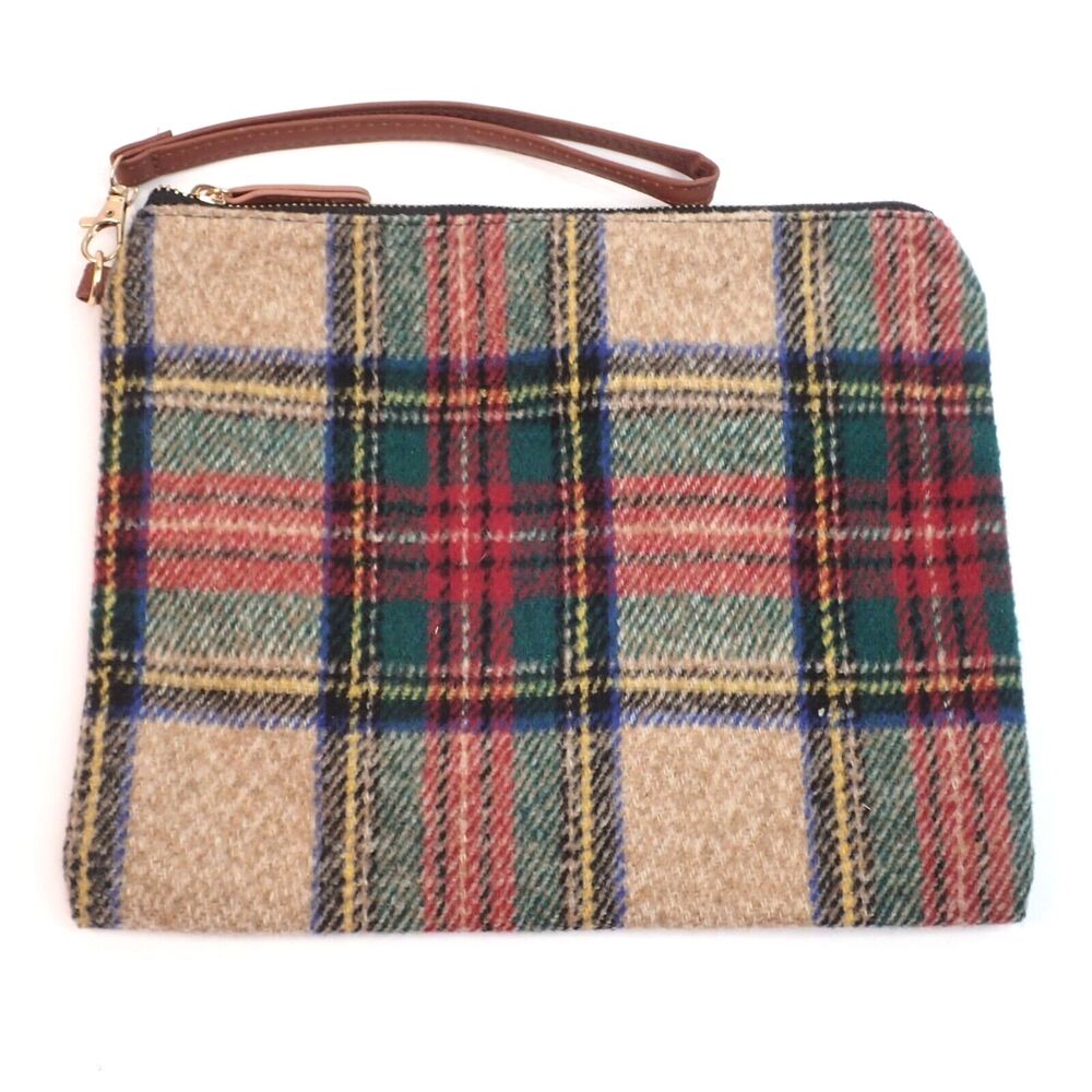 LIB New York Plaid Print Wristlet Small Zip Purse Green Tan Red